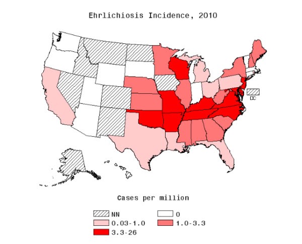 ehrlichicosis cases by state in 2010 